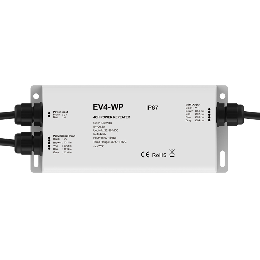 DC12~36V 4 Channel RGB/RGBW Constant Voltage IP67 LED Waterproof Power Repeater Amplifier EV4-WP DC12~36V 4 Channel RGB/RGBW Constant Voltage IP67 LED Waterproof Power Repeater Amplifier EV4-WP